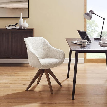 Zouron Mid Century Modern Accent Chair with Oak Wood Legs, Upholstered Swivel Chair No Wheels, Side Accent Armchair Vanity Chair for Small Space Home Office Living Room Bedroom, Ivory