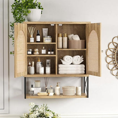 Rattan Bathroom Wall Cabinet, Boho Medicine Wall Cabinet with Double Doors and Adjustable Shelves, Tall Kitchen Wall Mounted Storage Cabinet, Floating Space Saver Over Toilet, Natural