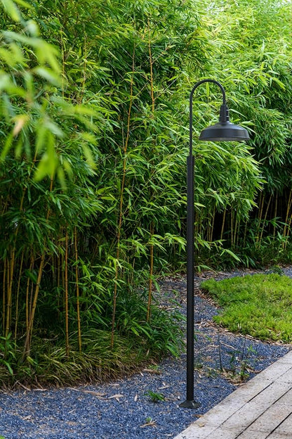 Steel Lighting Co. Gardena Barn Light | Outdoor Pole Top Mounted | 16" Dome | Upslope Gooseneck with Slip Fitter for 2-3/8" Standard Poles | Made in America | Matte Black Exterior/Brass Interior