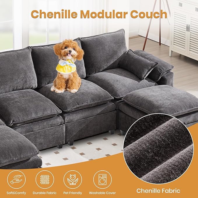 130" U Shaped Modular Sectional Sofa, Couch with Ottoman Storage, Chenille Cloud Couch with Plush Deep Seating for Living Room, Bedroom (9 Seat, Grey)