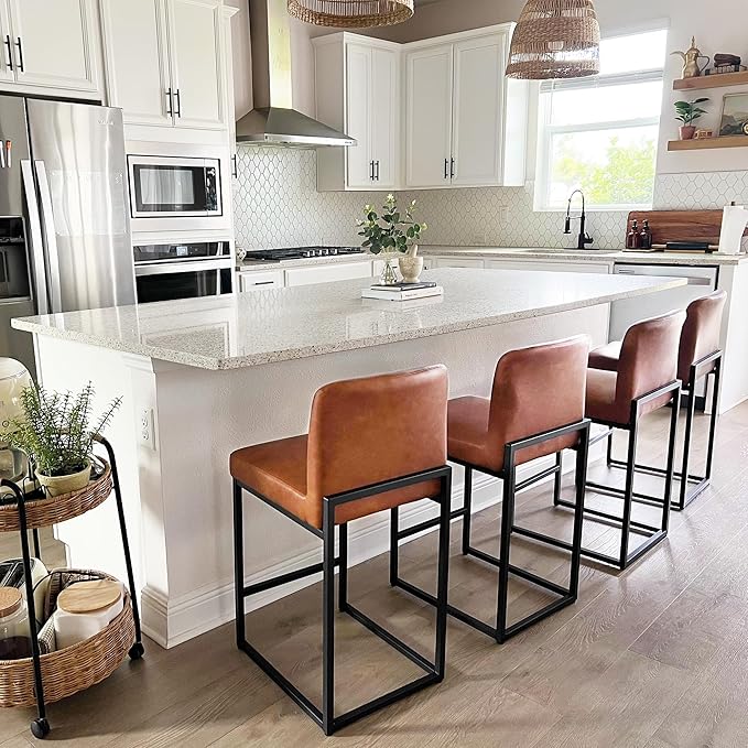 PHI VILLA Brown Leather Bar Stools Set of 4, 24 inch Counter Height Chairs, Modern Kitchen Barstools, Bar Stool with Back
