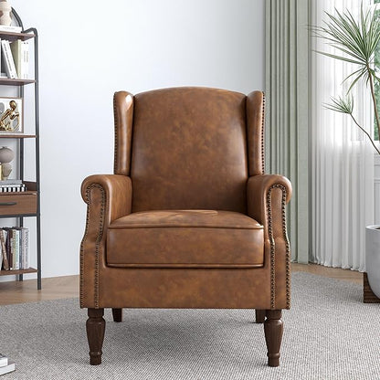 Lumibee Accent Chair, Faux Leather High Back Armchair or Living Room, Comfy Upholstered Single Sofa Reading Chair with Solid Wood Legs for Office, Bedroom, Waiting Room-Brown