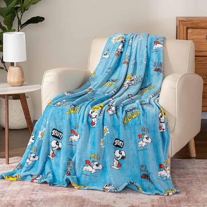 Berkshire Blanket Peanuts® VelvetLoft® Cute Character Snoopy Plush Throw Blanket,Peanuts Large Masked Marvel Toss Happy Blue,Throw 55 in x 70 in (Official Peanuts® Product)