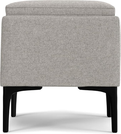 SIMPLIHOME Natasha 18 inch Wide Mid Century Square Mid Century Storage Ottoman with Tray in Cloud Grey Polyester Linen, Assembled, For the Living Room, Entryway and Family Room