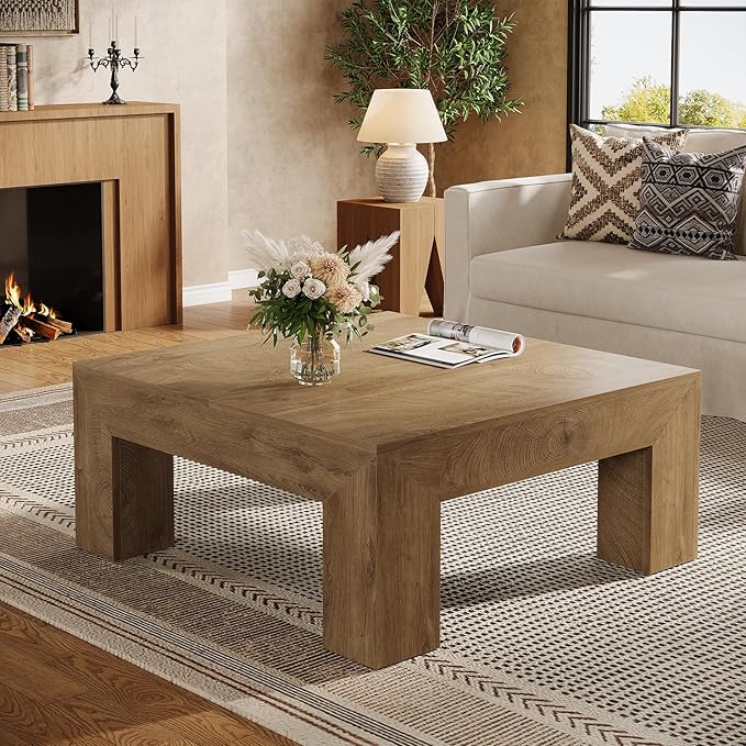 Tribesigns 39.4-Inch Square Coffee Table for Living Room, Farmhouse All MDF Center Cocktail Tea Table with Sturdy Wooden Legs, Easy Assembly, Yellow Brown