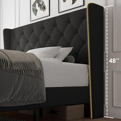 iPormis Queen Size Platform Bed Frame with Button Tufted Headboard, Upholstered Bed Frame with Solid Wooden Slats, 8" Underbed Space, No Box Spring Needed, Noise Free, Easy Assembly, Black