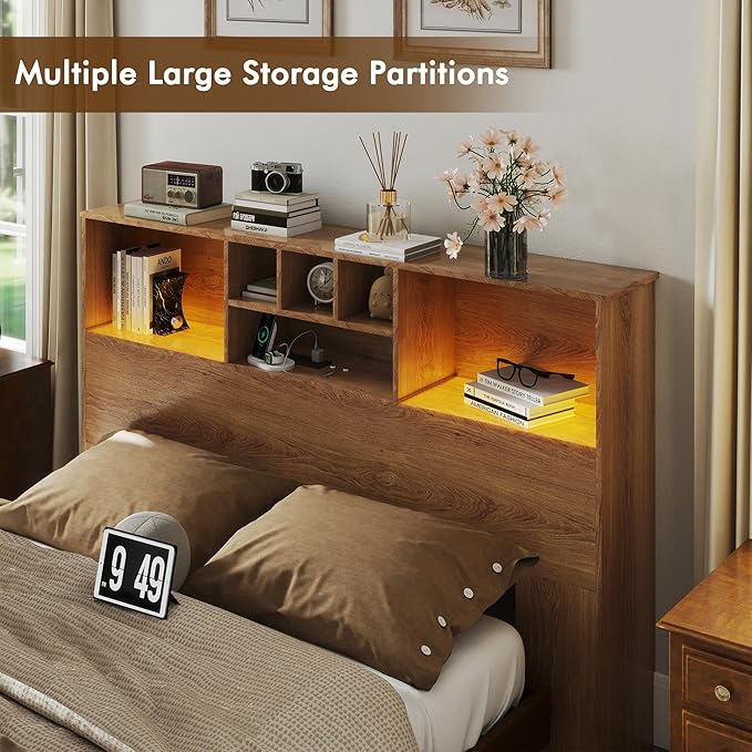 Apicizon 65" Queen Size Storage Headboard, Wood Headboard with Charging Station, Queen with Power Outlets, Ajustable LED Lights for Bedroom, Brown