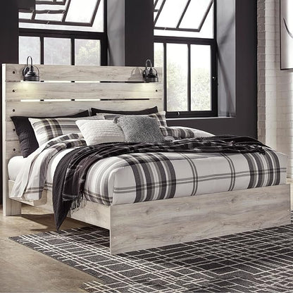 Signature Design by Ashley Cambeck Farmhouse King Panel Bed with Sconce Lights and USB Ports, Foundation or Box Spring Needed, Whitewash