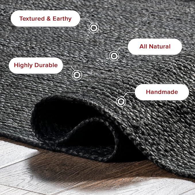 nuLOOM 8x10 Rigo Jute Hand Woven Area Rug, Black, Solid Farmhouse Design, Natural Fiber, For Bedroom, Living Room, Dining Room, Hallway, Office, Kitchen, Entryway