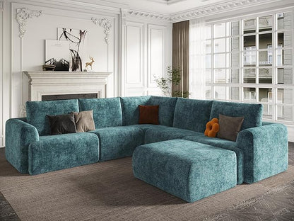 EASE MOOSE Boneless Modular Cloud Couch, Oversized U-Shaped Sectional Sofa for Living Room with Ottoman, Extra Large Movable Couches, 6-Deep-Seat Sofas for Bedroom, Apartment, Chenille (Blue)
