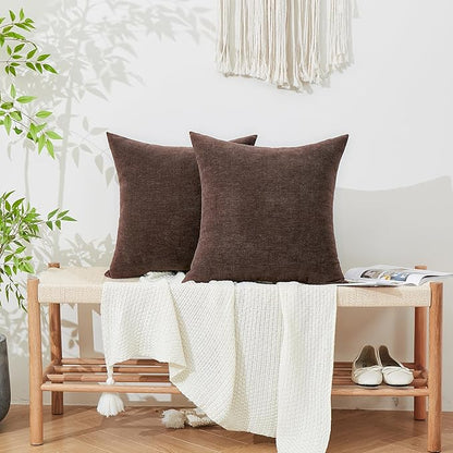 GAWAMAY Decorative Square Throw Pillow Covers 18x18 Inch Set of 2, Super Soft Chenille Pillows Cover Fall Pillowcase for Living Room Bedroom Sofa Couch Cushion Cover Coffee 45x45cm (No Inserts)