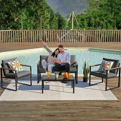 NATURAL EXPRESSIONS 4 Pieces Patio Furniture Sets,Metal Outdoor Patio Furniture Sets,Outdoor Sectional Patio Conversation Set,Wooden Anti-Scald Armrest,Sling Mesh,4" Olefin Cushions Dark Grey