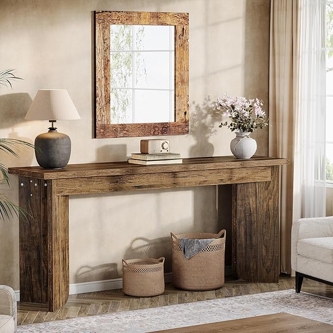Tribesigns 70.9-Inch Extra Long Console Table, Farmhouse Sofa Console Table with Widened Tabletop, Entryway Accent Tables with Sturdy Double Pedestal for Living Room (Rustic Brown)