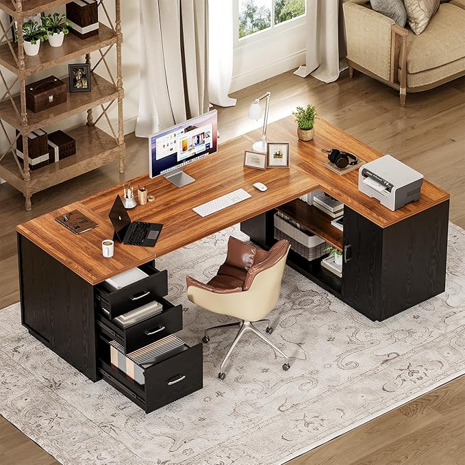 LITTLE TREE 87-Inch Modern Executive Desk with File Cabinet, Large Home Office Desk with Drawers, 3-Drawer Wooden File Cabinet, Spacious Workstation for Home Office (Brown & Black)