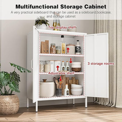 Metal Locker Cabinet with 2 Doors, White Metal Accent Cabinets for Home Office, 40" Counter Height Storage Lockers Sideboard for Home Office Kitchen Living Room Hallway Entryway