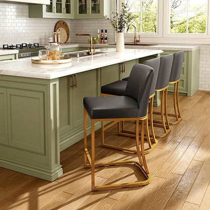 MAISON ARTS Counter Height Bar Stools with Back Set of 4 for Kitchen Counter, 24 Inch Modern Upholstered Faux Leather Barstools Farmhouse Bar Chairs Luxury Island Stools Support 330LBS, Grey & Gold