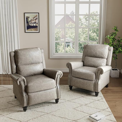 Pushback Recliner Chairs Set of 2, Faux Leather Wingback Recliner Chair, Upholstered Armchair Push Back Recliner with Wood Legs, Rivet Trim Single Sofa Accent Chair for Living Room, Bedroom, Gray