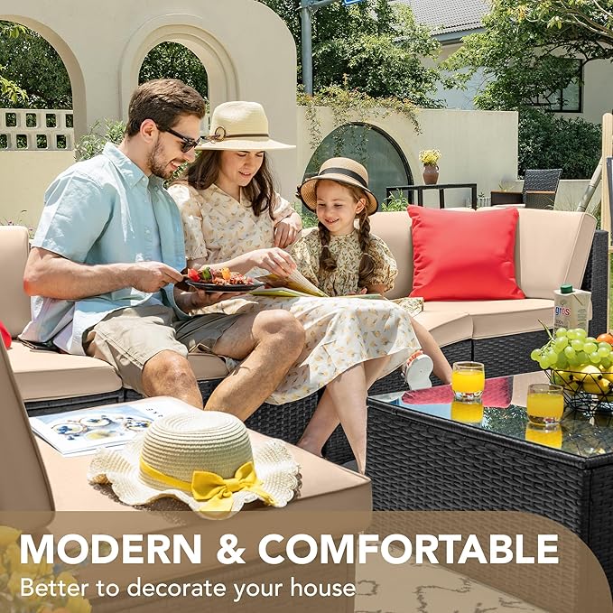 Devoko 7 Pieces Outdoor Sectional Sofa Patio Furniture Sets Manual Weaving Wicker Rattan Patio Conversation Sets with Cushion and Glass Table (Beige)