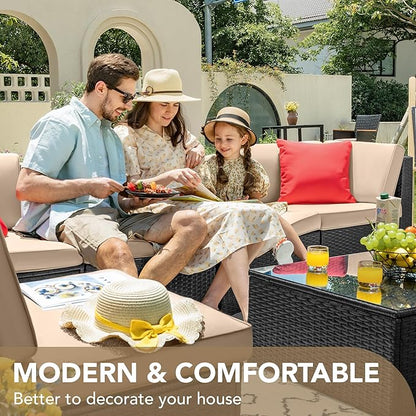 Devoko 7 Pieces Outdoor Sectional Sofa Patio Furniture Sets Manual Weaving Wicker Rattan Patio Conversation Sets with Cushion and Glass Table (Beige)