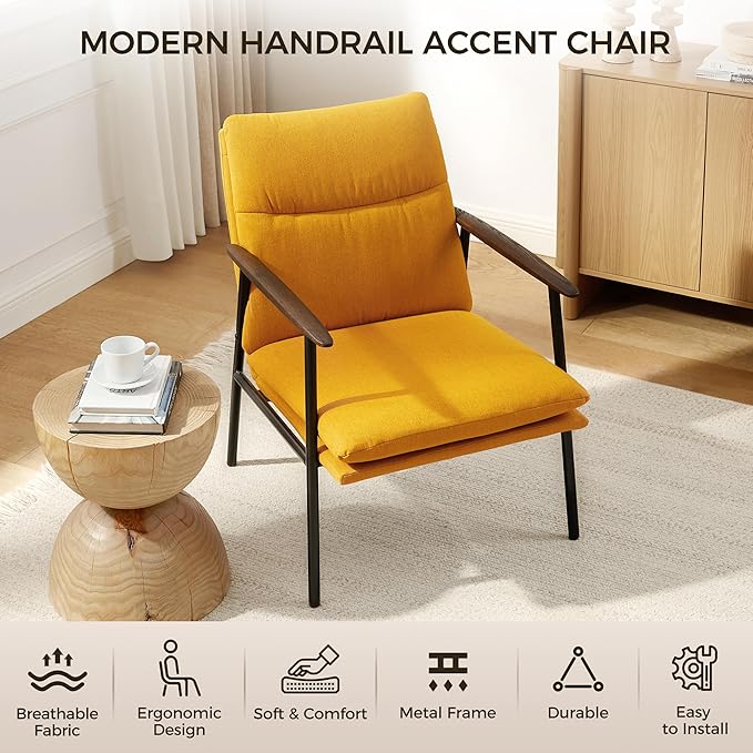 Art Leon Mid Century Modern Accent Chair-Fabric Relaxing Armchair with Metal Frame Upholstered Lounge Chair, Ergonomic Reading Chair for Lounge, Living Room, Reading Room, Bedroom,Yellow