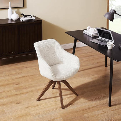 Zouron Mid Century Modern Accent Chair with Oak Wood Legs, Upholstered Swivel Chair No Wheels, Side Accent Armchair Vanity Chair for Small Space Home Office Living Room Bedroom, Ivory