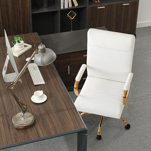 White and Gold Office Desk Chair, Modern Leather Conference Room Chairs, High Back Ergonomic Home ofiice Chair, Adjustable Height Swivel Executive Computer Chair with Padded Seat and Armrest