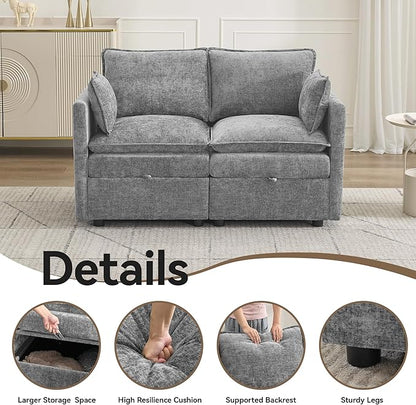 55" Cloud Modular Loveseat Sofa with Storage, Modern Upholstered Sofa Couch Small Love Seat，2 Seater Chenille Comfy Sectional Sofa with Armrests for Living Room, Small Space, Light Grey