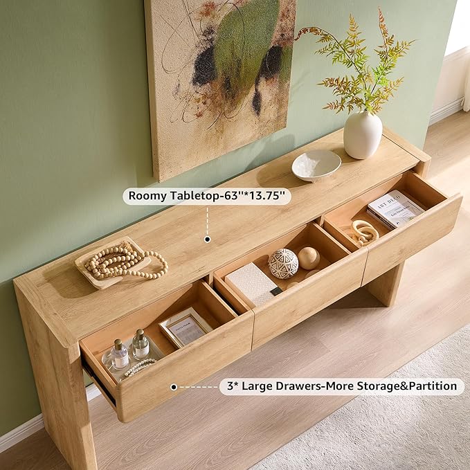 OKD 63'' Console Table with 3 Drawers, Farmhouse Entryway Table with Rounded Corners, Console Table Behind Couch for Living Room/Hallway-Natural Oak
