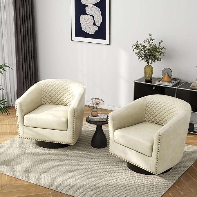 Pia Ricco Faux Leather Swivel Barrel Accent Chairs, 360° Swivel Round Single Sofa Chair, Comfy Upholstered Club Armchair with Nailhead Trim for Living Room/Reading Room/Bedroom,Beige