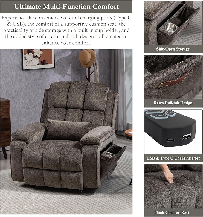 Power Lift Recliner Chairs for Elderly, Infinite Position Lay Flat Recliner with Heat & Massage Side Storage Cup Holder - USB Type C Charging - Dual Motor Lift Chair 400 lbs