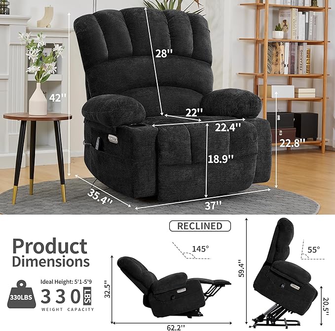 DURASPACE Power Lift Recliner Chair Massage Recliners with Heat, Shell Backrest Lift Chair Recliners for Elderly（Dark Gray）