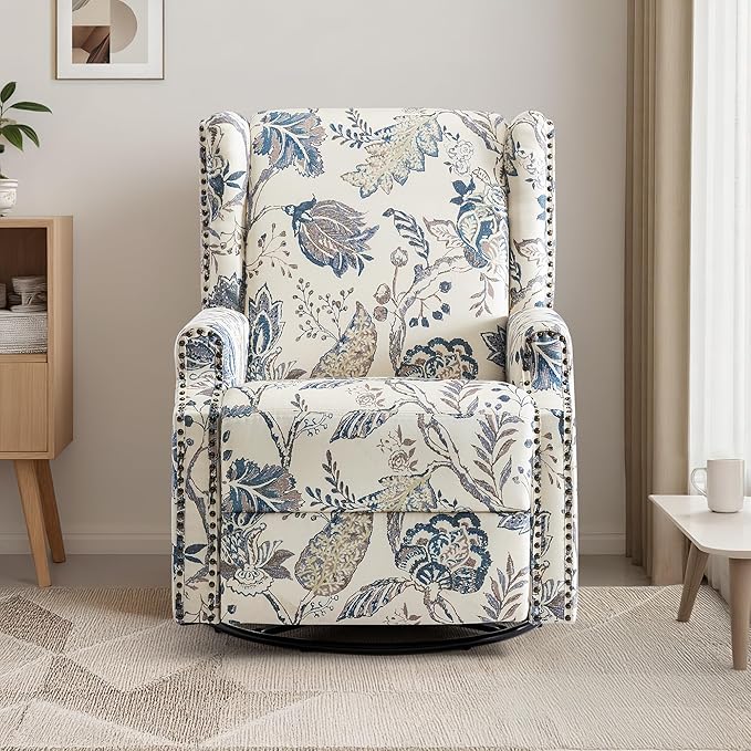 UIXE Swivel Rocker Manual Recliner Chair, Wingback Swivel Glider Fabric Nursery Reclining Sofa Chair, High Back Upholstered Arm Chair for Living Room Bedroom - Blue Plants