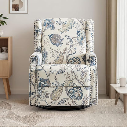 UIXE Swivel Rocker Manual Recliner Chair, Wingback Swivel Glider Fabric Nursery Reclining Sofa Chair, High Back Upholstered Arm Chair for Living Room Bedroom - Blue Plants