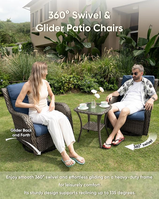 HUMMUH 6-Piece Outdoor Wicker Patio Furniture Set with Swivel Glider Chairs, 3-Seat Sofa & Ottomans 5” Olefin Cushions Ergonomic Neck-Lumbar Backrest All-Weather Rattan for Garden, Deck, Porch