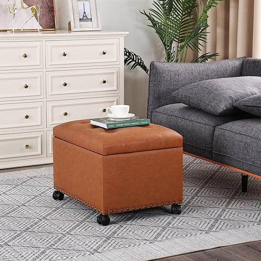 24" Square Ottomans with Storage, Leather Ottoman with Storage with Lockable Wheels and Hight Loading, Foot Stool Ottoman with Wheels for Makeup Room, Dorms and Apartments (Orange Brown)