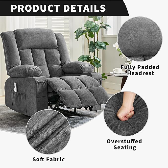 Large Recliner Chair, Manual Reclining Sofa with Massage and Heat, Comfy Sofa Chair with 3 Positions, 2 Side Pockets, 2 Front Pockets and 2 Cup Holder