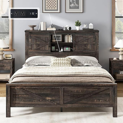 AMERLIFE Farmhouse Queen Bed Frame, Rustic Wood Platform Beds w/Barn Door Storage Bookcase Headboard & Charging Station, Bedroom Furniture, No Box Spring Needed, Dark Oak