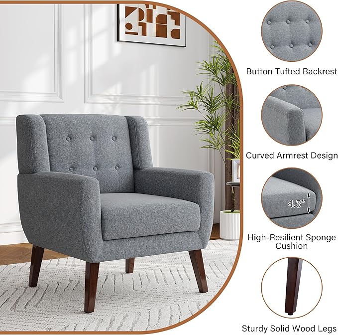 Accent Chair, Modern Fabric Armchair for Living Room, Comfy Upholstered Arm Chair Tufted for Indoor Bedroom Office Room (Gray)
