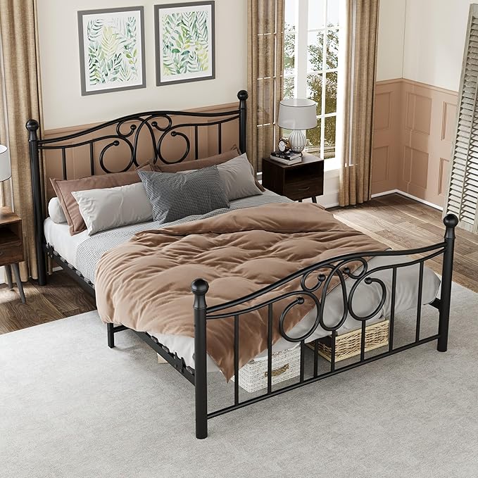 Metal Queen Single Bed Frame with Scroll Design, 82.7" in Steel Bed Frame with Protective Foot Pads, Strong Bearing Capacity Queen Size Bed, Easy Assembly, Underbed Storage Space（43.3 inch）