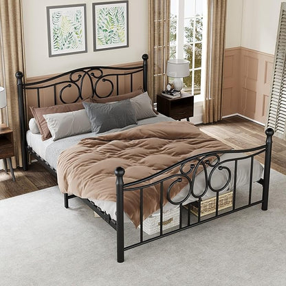 Metal Queen Single Bed Frame with Scroll Design, 82.7" in Steel Bed Frame with Protective Foot Pads, Strong Bearing Capacity Queen Size Bed, Easy Assembly, Underbed Storage Space（43.3 inch）