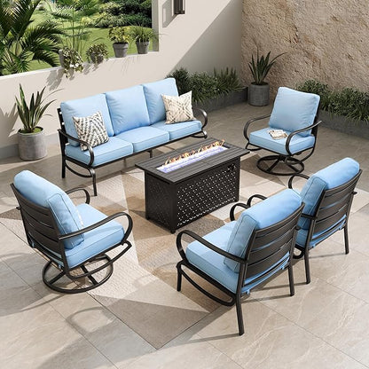 PHI VILLA Patio Furniture Set with Fire Pit Table,1x 3-Seat Wide Deep Seating Bench Sofa, 2 Swivel Sofa Chair, 2 x Leg Chairs,1 Fire Pit Table,Outdoor Conversation Set for 7,Light Blue