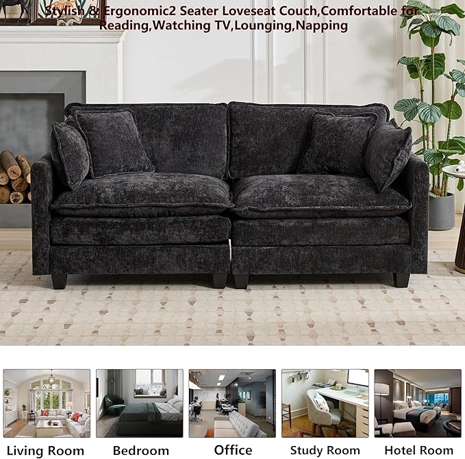 Aoowow Modular Sectional 2 Seater Cloud Sofa Couch for Living Room,78" Loveseat Couch with Deep Seat,Modern Chenille 2 Seat Sofas,Fluffy Small Couches for Bedroom,Small Spaces (Black, 2 Seater)