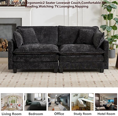 Aoowow Modular Sectional 2 Seater Cloud Sofa Couch for Living Room,78" Loveseat Couch with Deep Seat,Modern Chenille 2 Seat Sofas,Fluffy Small Couches for Bedroom,Small Spaces (Black, 2 Seater)