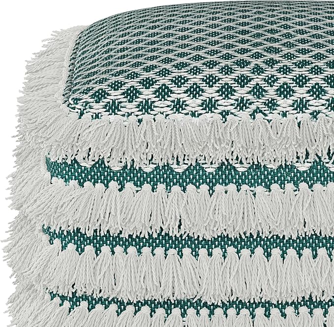SIMPLIHOME Leah Boho Square Woven Outdoor/ Indoor Pouf in Turquoise and White Recycled PET Polyester for the Living Room, Bedroom and Kids Room