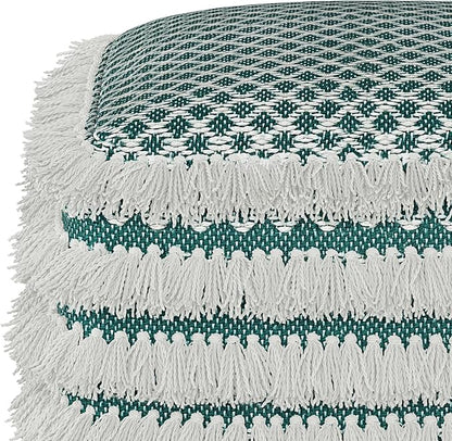 SIMPLIHOME Leah Boho Square Woven Outdoor/ Indoor Pouf in Turquoise and White Recycled PET Polyester for the Living Room, Bedroom and Kids Room