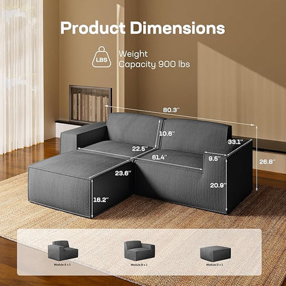 Marsail Modular Sectional Sofa, 80" L-Shaped Modular Sectional Couch with Deep Seat, Freely Combinable Sectional Cloud Sofa for Living Room, No Assembly, Plush Corduroy Fabric, Grey