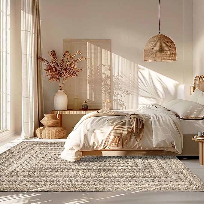 nuLOOM Carley Machine Washable Geometric Area Rug - 6 Round Machine Washable Area Rug Farmhouse Beige/Ivory Rugs for Living Room Bedroom Dining Room Kitchen