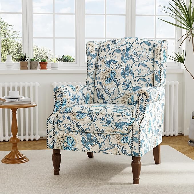 Accent Chair, Upholstered High Back Floral Armchair with Nailhead Trim & Wood Legs, Comfy Wingback Reading Single Sofa Chair for Small Spaces, Living Room, Bedroom ( Boho Blue Floral, Set of 2)