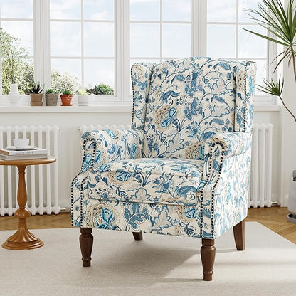 Accent Chair, Upholstered High Back Floral Armchair with Nailhead Trim & Wood Legs, Comfy Wingback Reading Single Sofa Chair for Small Spaces, Living Room, Bedroom ( Boho Blue Floral, Set of 2)