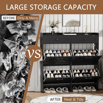 Shoe Cabinet with 4 Flip Drawers & 2 Top Drawers, 43" Tall Freestanding Narrow Wooden Shoe Storage Organizer for Entryway, Hidden Slim Shoe Rack for Front Door Entrance, Hallway, Living Room, Black